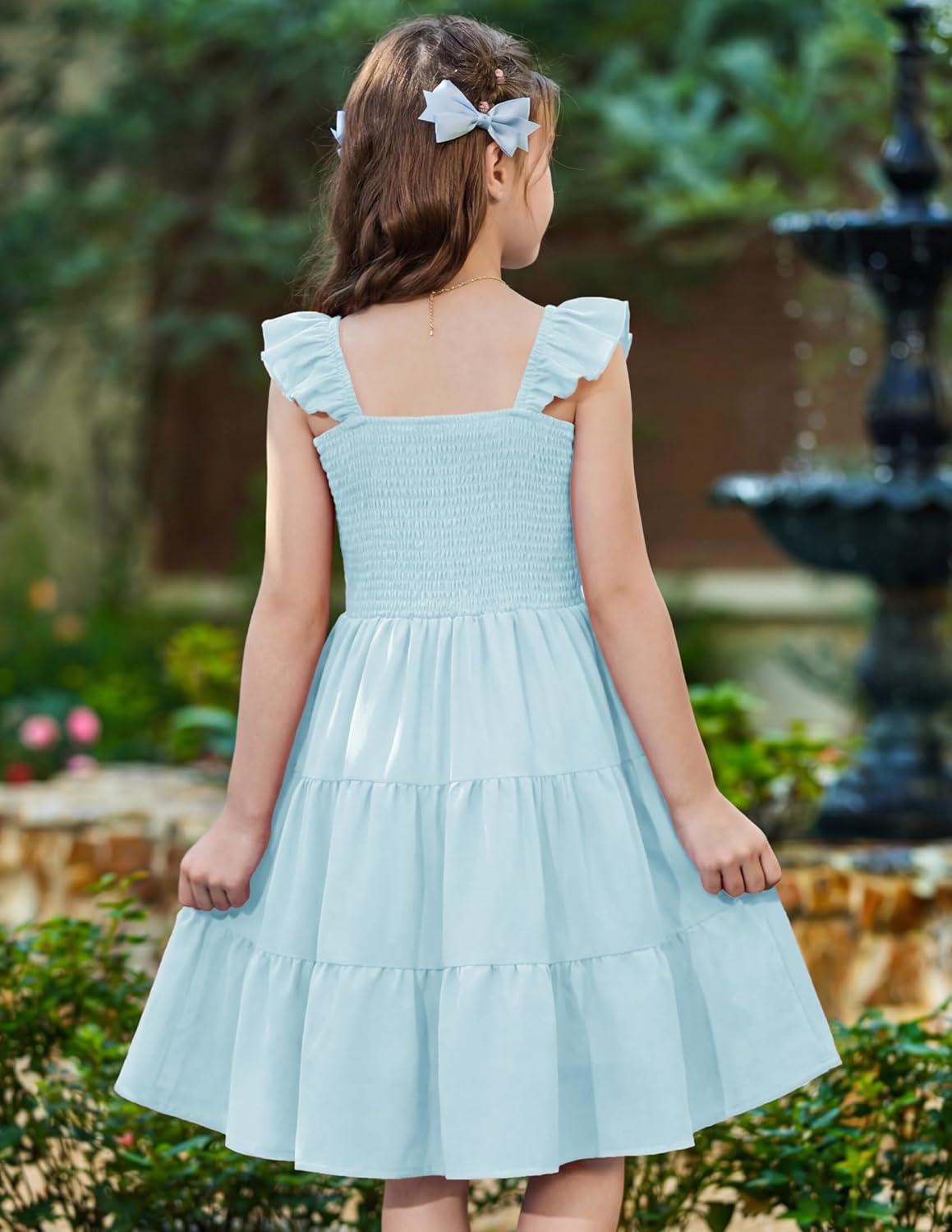 image:imageArshiner Girls Dress Ruffle Sleeve Button Down Smocked Sundress Party Dresses with Pockets 614YBlue