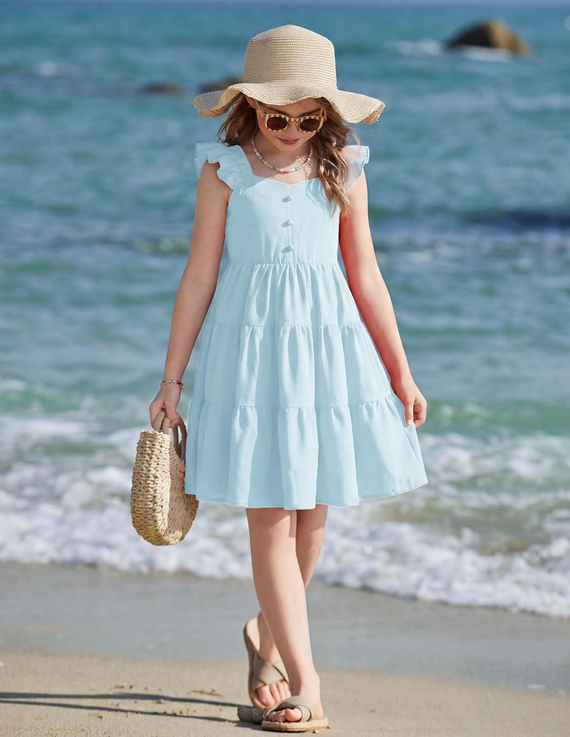 image:imageArshiner Girls Dress Ruffle Sleeve Button Down Smocked Sundress Party Dresses with Pockets 614YBlue
