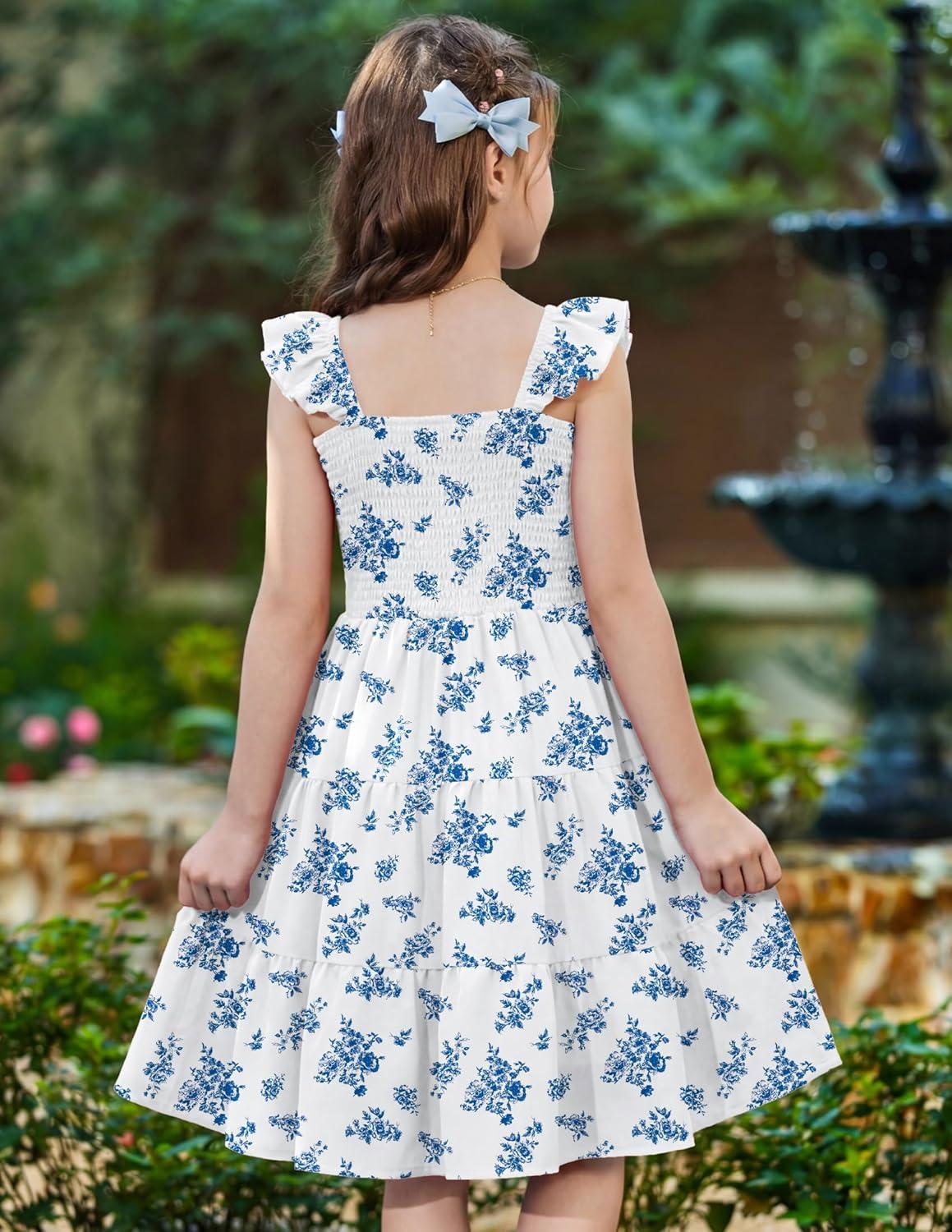 image:imageArshiner Girls Dress Ruffle Sleeve Button Down Smocked Sundress Party Dresses with Pockets 614YBlue Flower