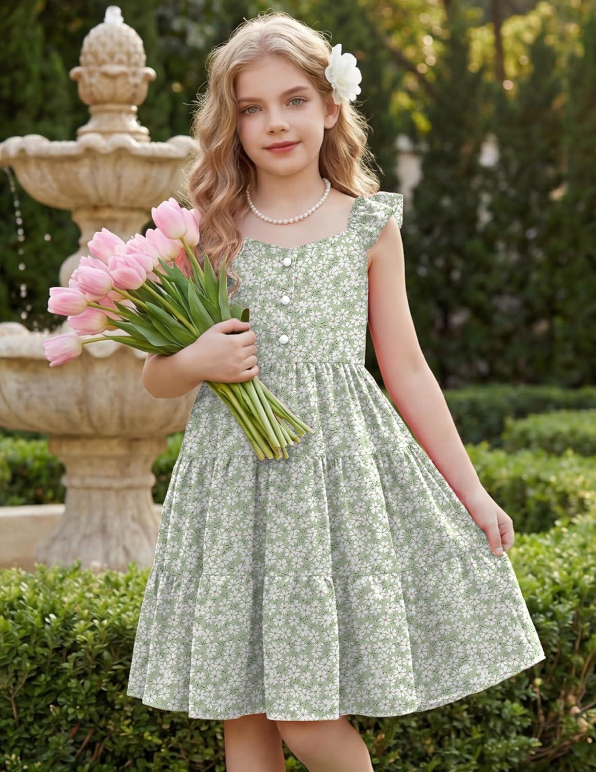 image:imageArshiner Girls Dress Ruffle Sleeve Button Down Smocked Sundress Party Dresses with Pockets 614YGreen White Flower