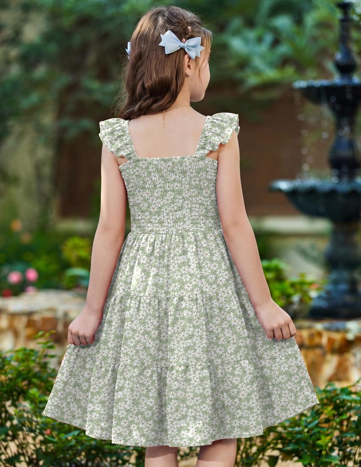 image:imageArshiner Girls Dress Ruffle Sleeve Button Down Smocked Sundress Party Dresses with Pockets 614YGreen White Flower