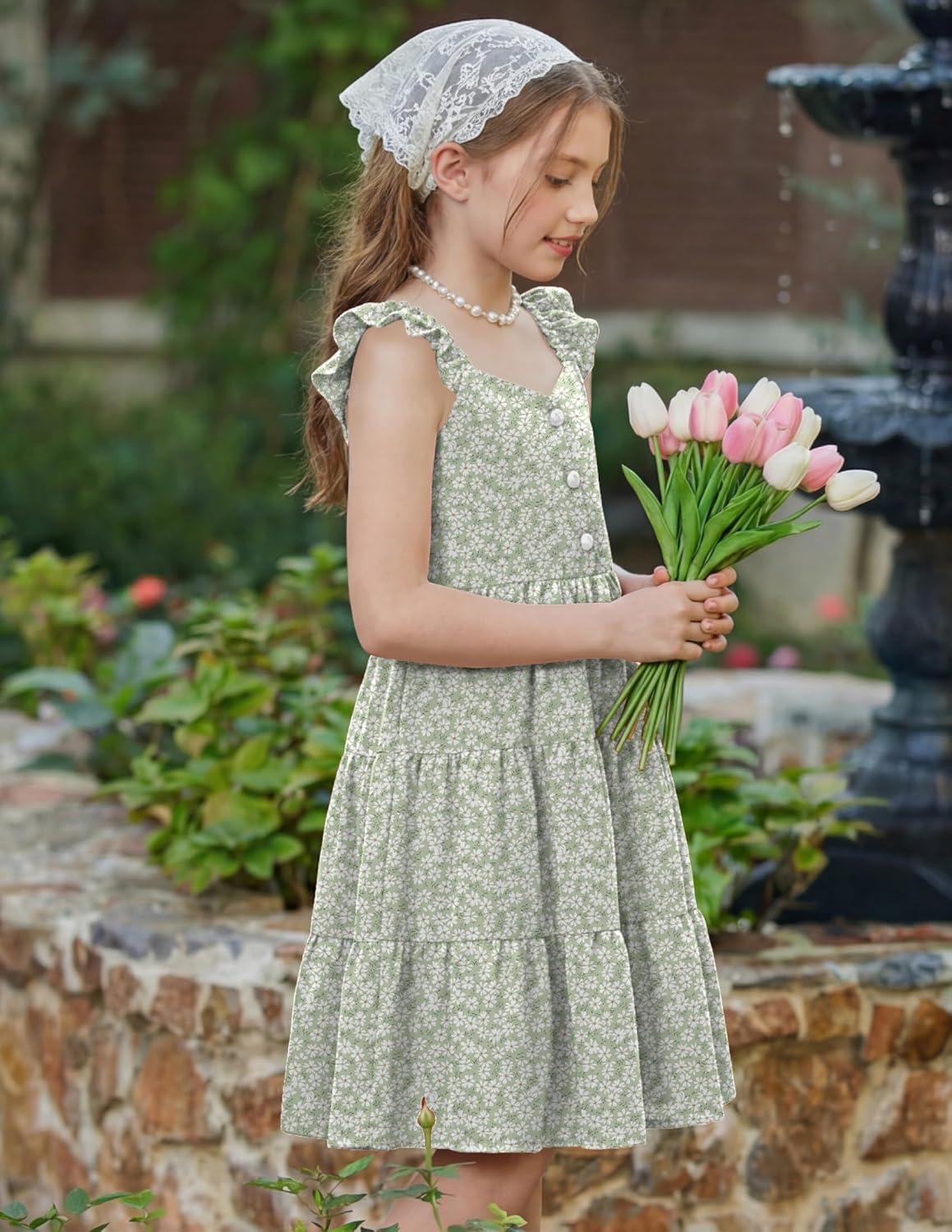 image:imageArshiner Girls Dress Ruffle Sleeve Button Down Smocked Sundress Party Dresses with Pockets 614YGreen White Flower
