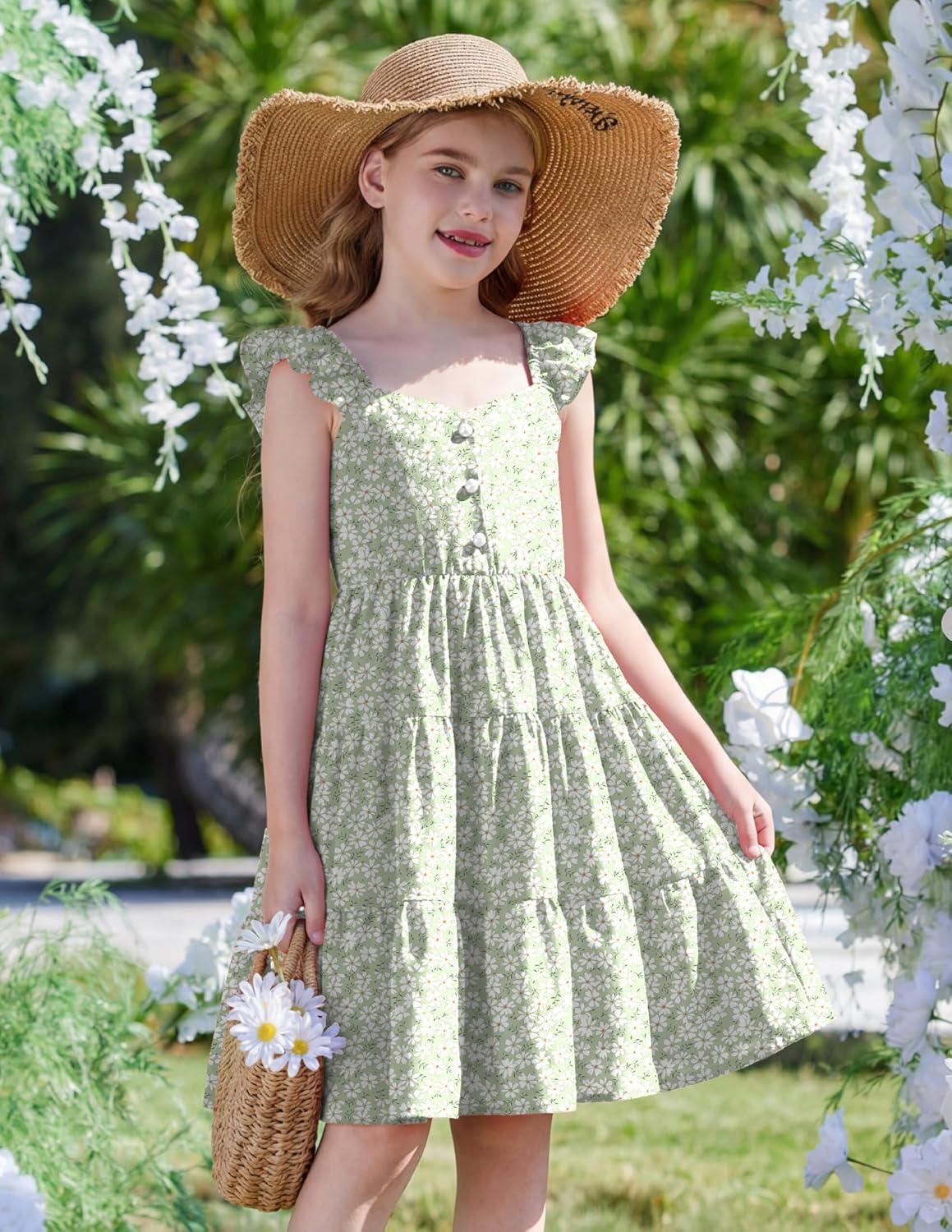 image:imageArshiner Girls Dress Ruffle Sleeve Button Down Smocked Sundress Party Dresses with Pockets 614YGreen White Flower