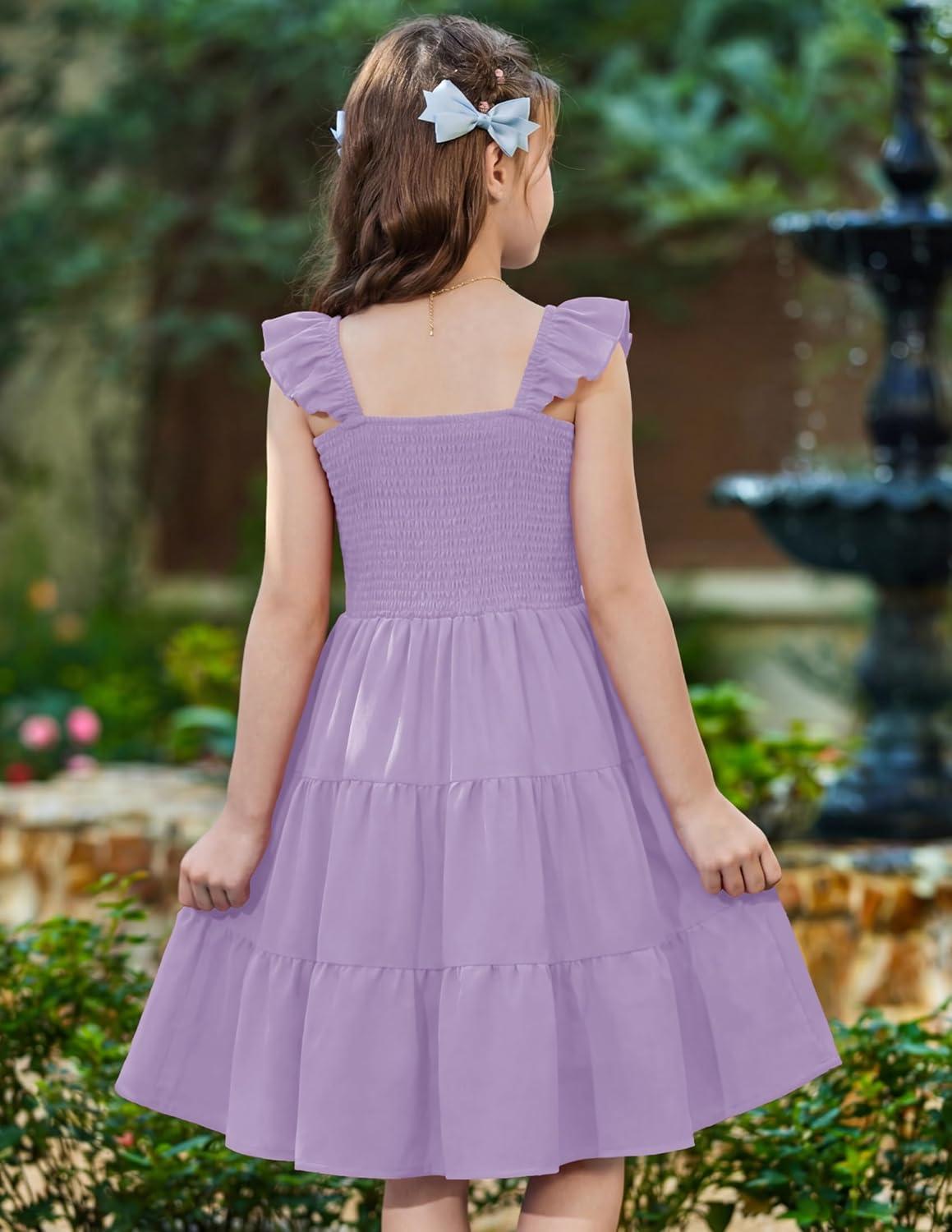 image:imageArshiner Girls Dress Ruffle Sleeve Button Down Smocked Sundress Party Dresses with Pockets 614YLavender