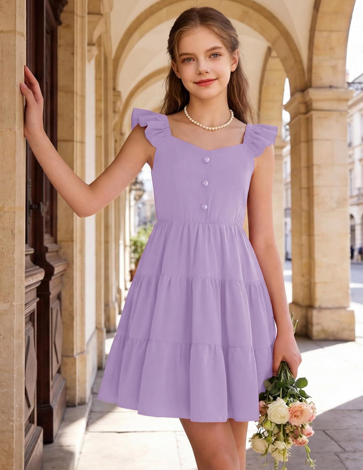 image:imageArshiner Girls Dress Ruffle Sleeve Button Down Smocked Sundress Party Dresses with Pockets 614YLavender