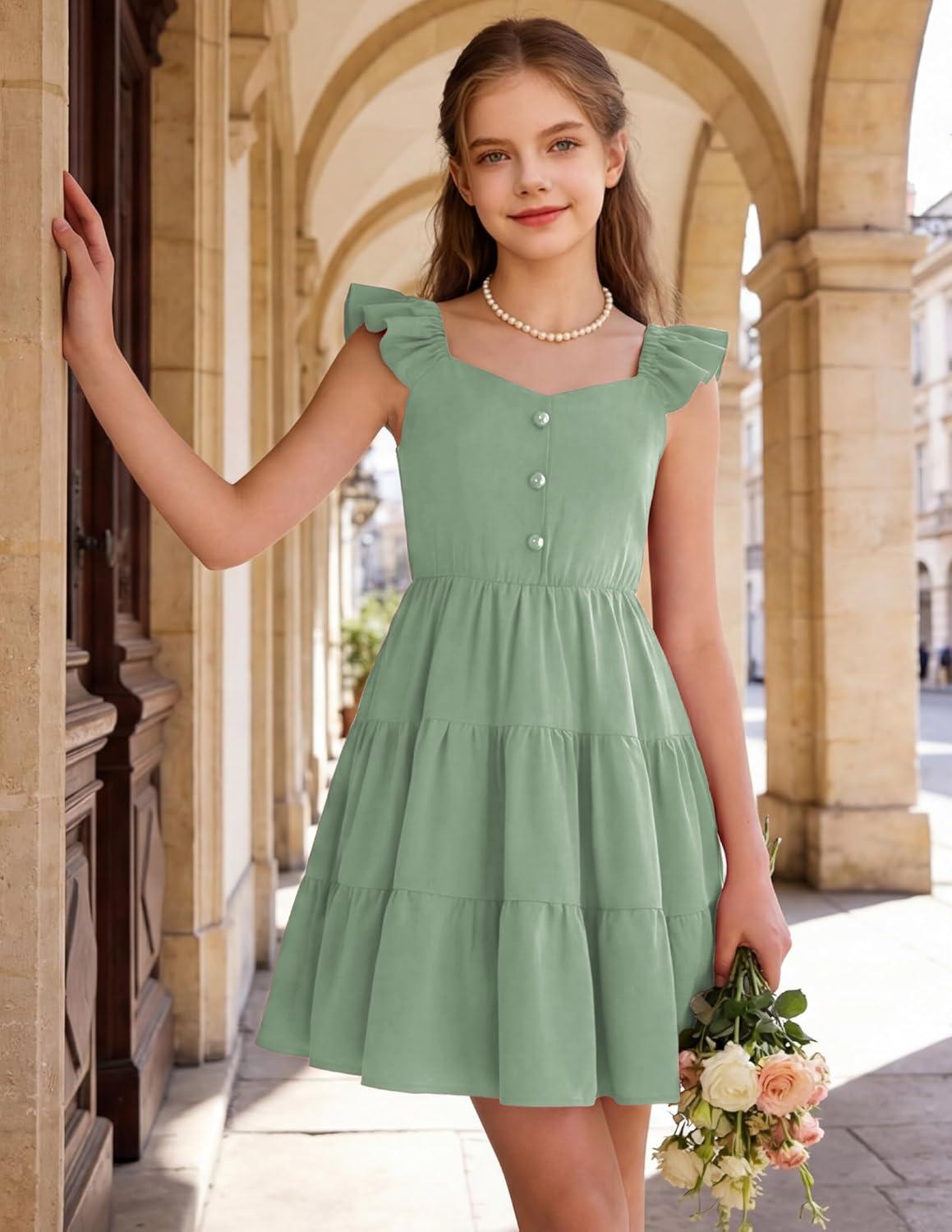 image:imageArshiner Girls Dress Ruffle Sleeve Button Down Smocked Sundress Party Dresses with Pockets 614YLight Green