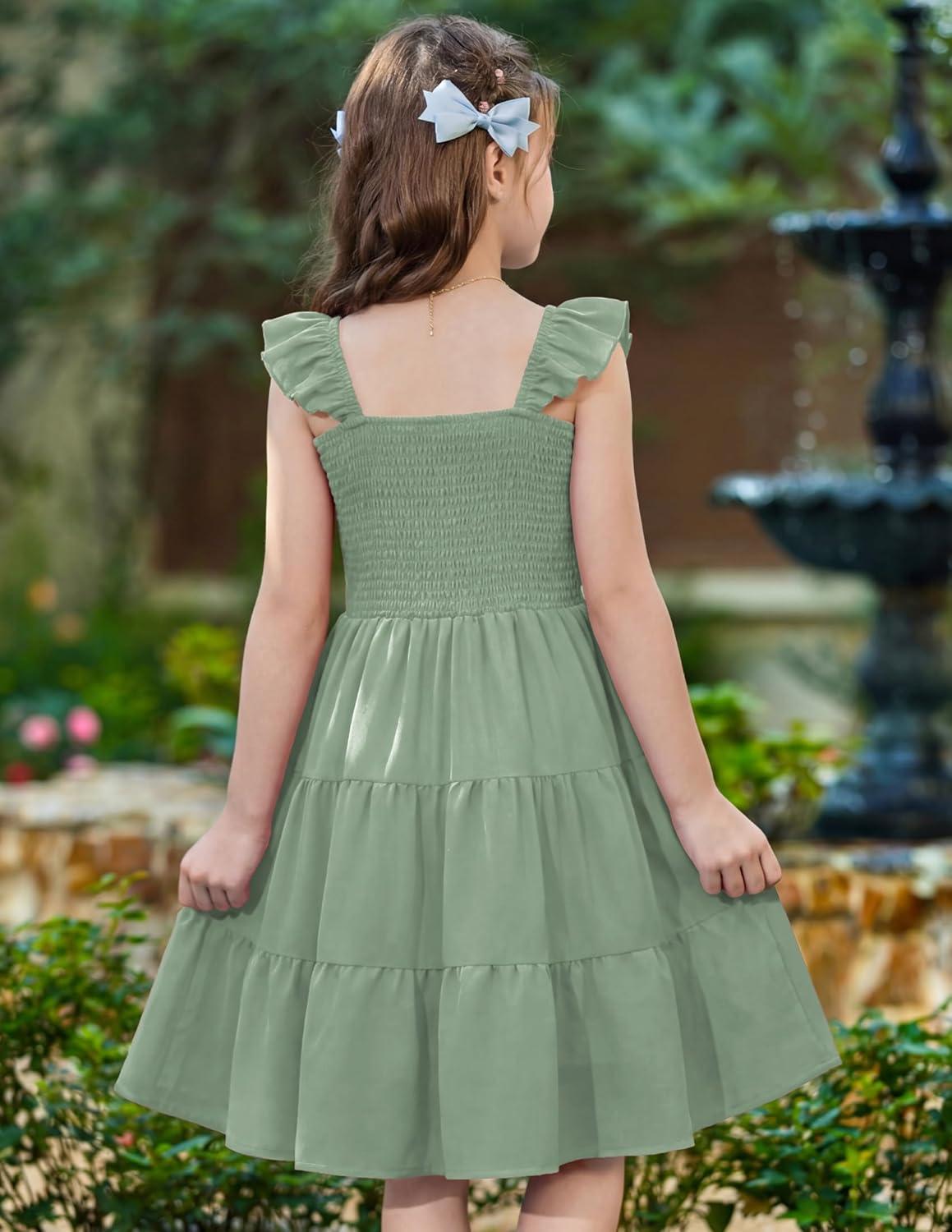 image:imageArshiner Girls Dress Ruffle Sleeve Button Down Smocked Sundress Party Dresses with Pockets 614YLight Green