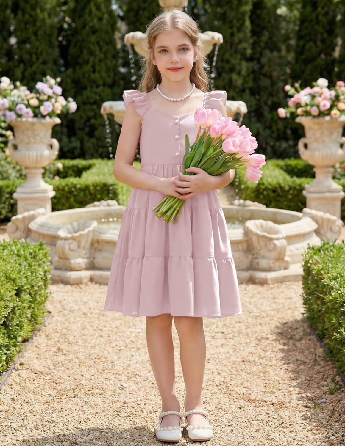 image:imageArshiner Girls Dress Ruffle Sleeve Button Down Smocked Sundress Party Dresses with Pockets 614YLight Pink