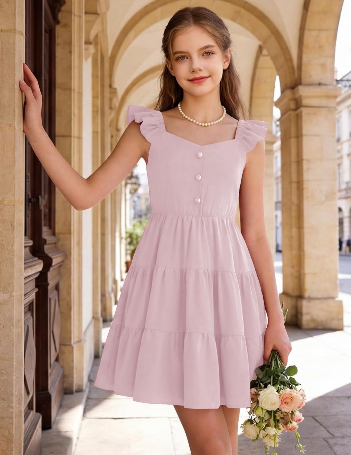 image:imageArshiner Girls Dress Ruffle Sleeve Button Down Smocked Sundress Party Dresses with Pockets 614YLight Pink