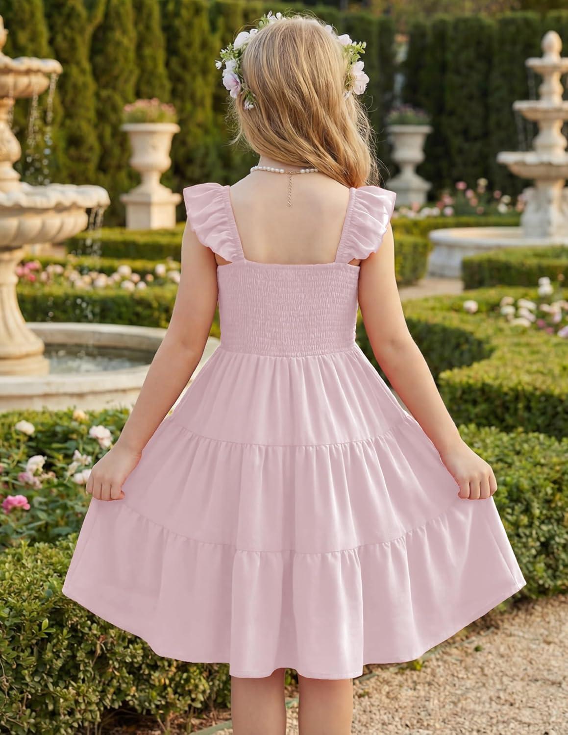 image:imageArshiner Girls Dress Ruffle Sleeve Button Down Smocked Sundress Party Dresses with Pockets 614YLight Pink