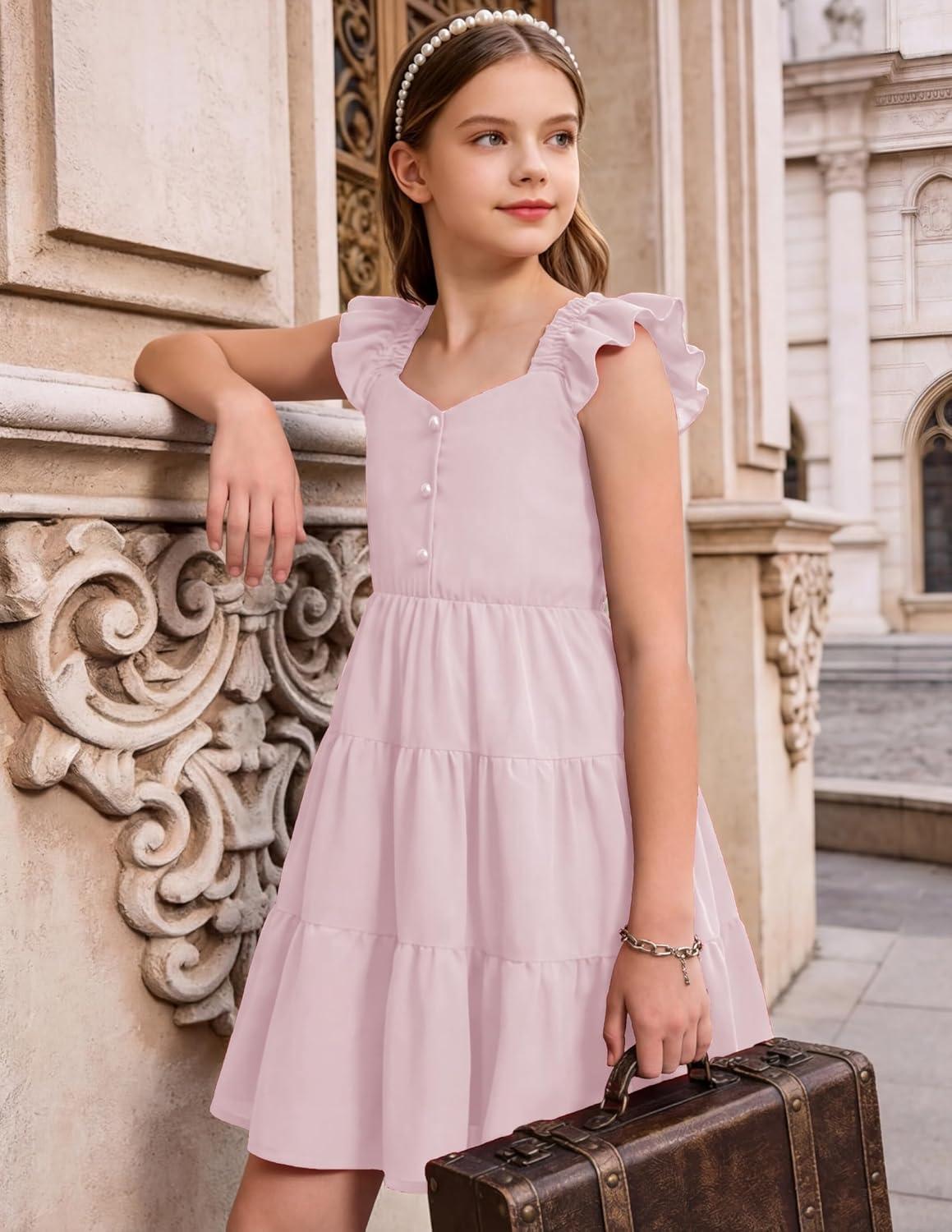 image:imageArshiner Girls Dress Ruffle Sleeve Button Down Smocked Sundress Party Dresses with Pockets 614YLight Pink