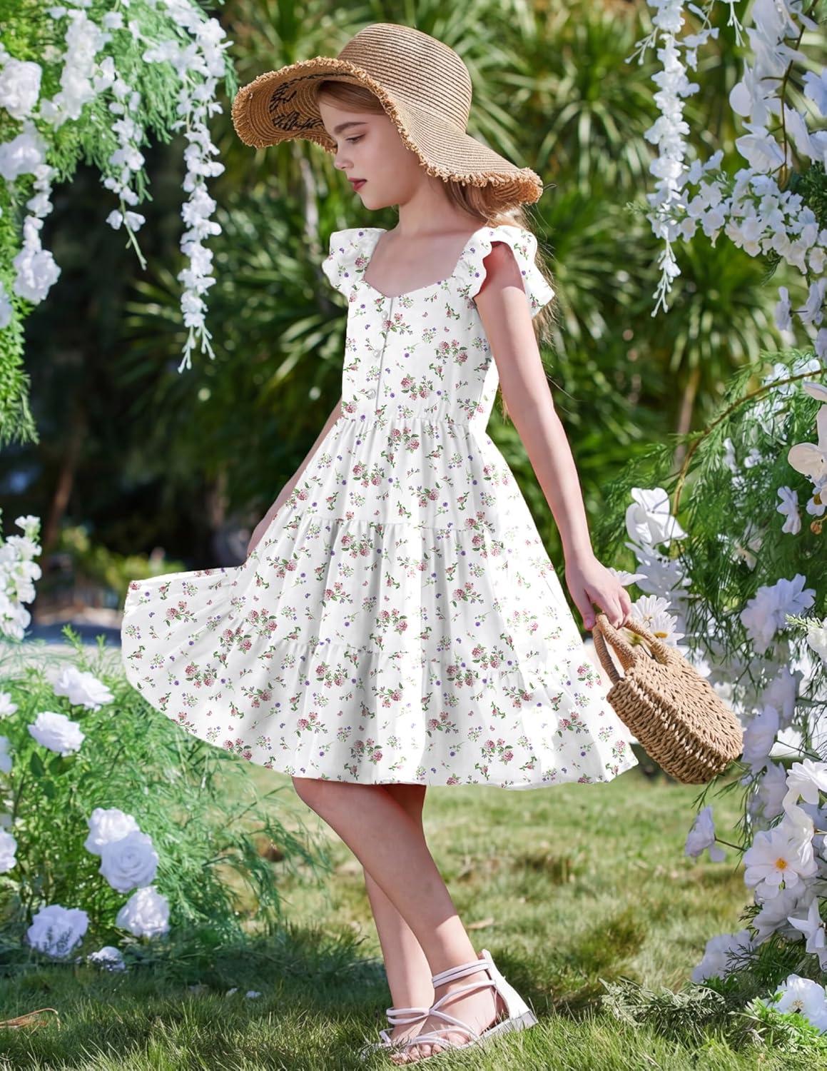 image:imageArshiner Girls Dress Ruffle Sleeve Button Down Smocked Sundress Party Dresses with Pockets 614YPink Purple Flower