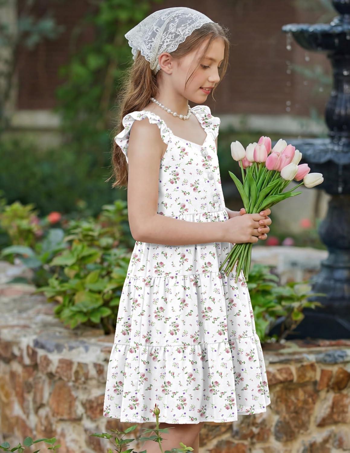 image:imageArshiner Girls Dress Ruffle Sleeve Button Down Smocked Sundress Party Dresses with Pockets 614YPink Purple Flower