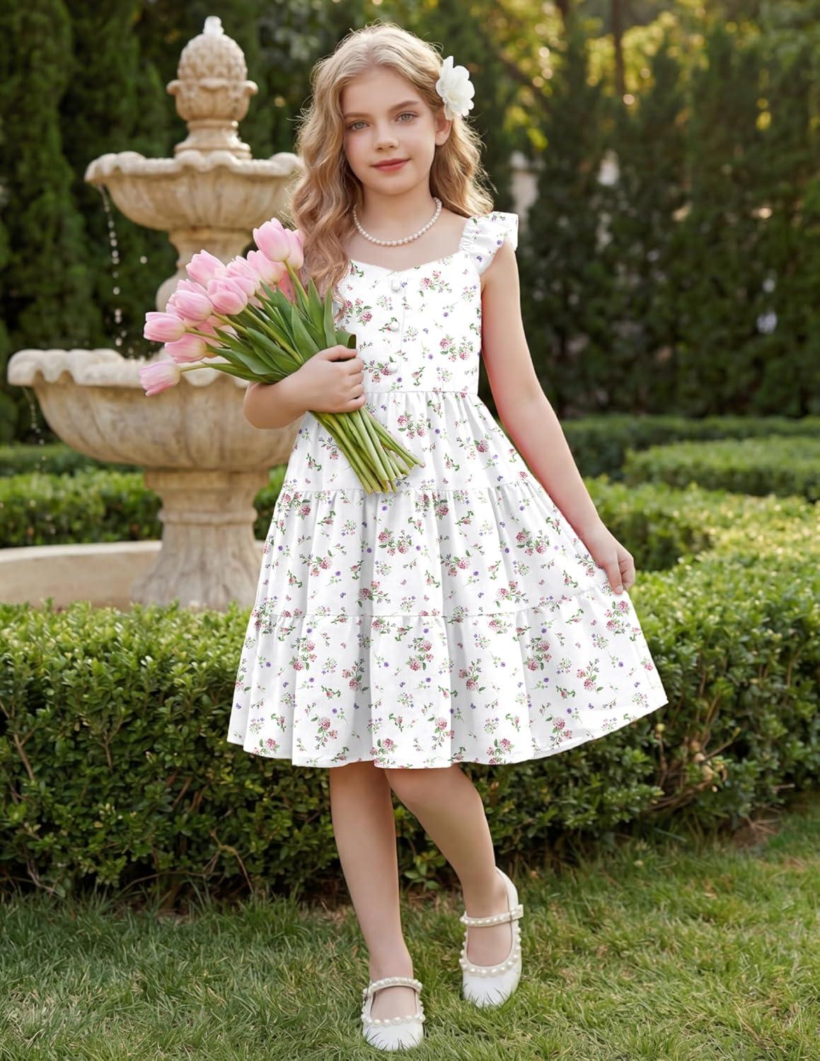 image:imageArshiner Girls Dress Ruffle Sleeve Button Down Smocked Sundress Party Dresses with Pockets 614YPink Purple Flower