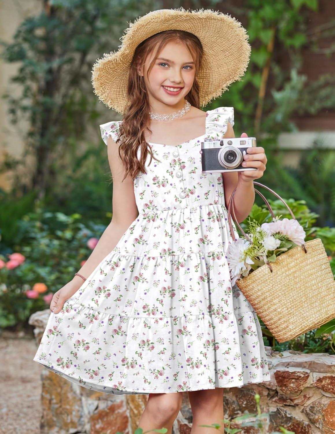 image:imageArshiner Girls Dress Ruffle Sleeve Button Down Smocked Sundress Party Dresses with Pockets 614YPink Purple Flower