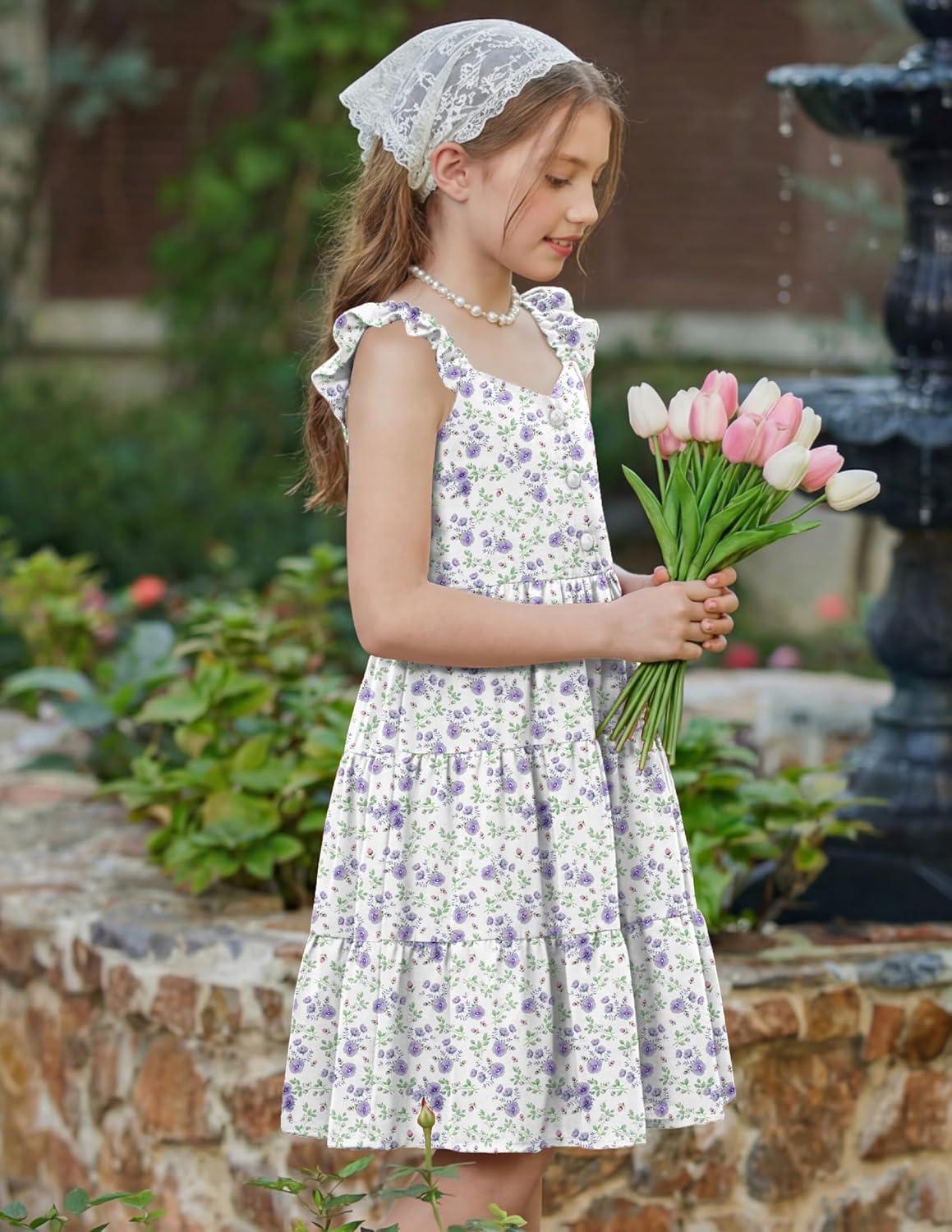 image:imageArshiner Girls Dress Ruffle Sleeve Button Down Smocked Sundress Party Dresses with Pockets 614YPurple Flower