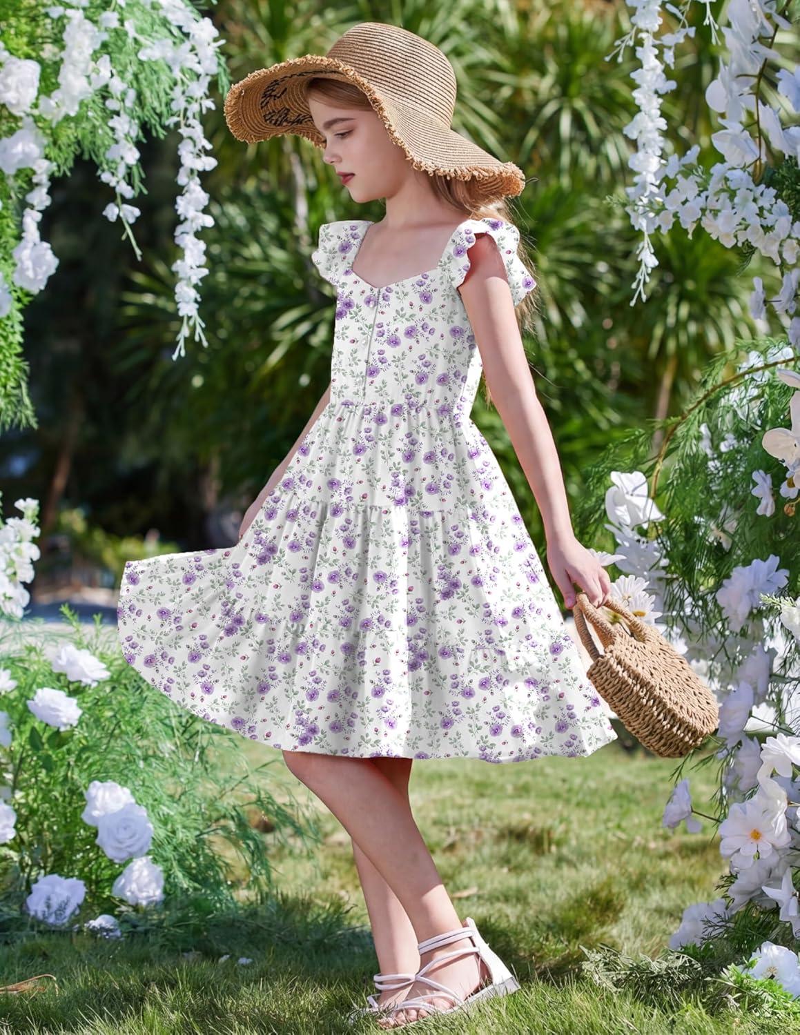 image:imageArshiner Girls Dress Ruffle Sleeve Button Down Smocked Sundress Party Dresses with Pockets 614YPurple Flower