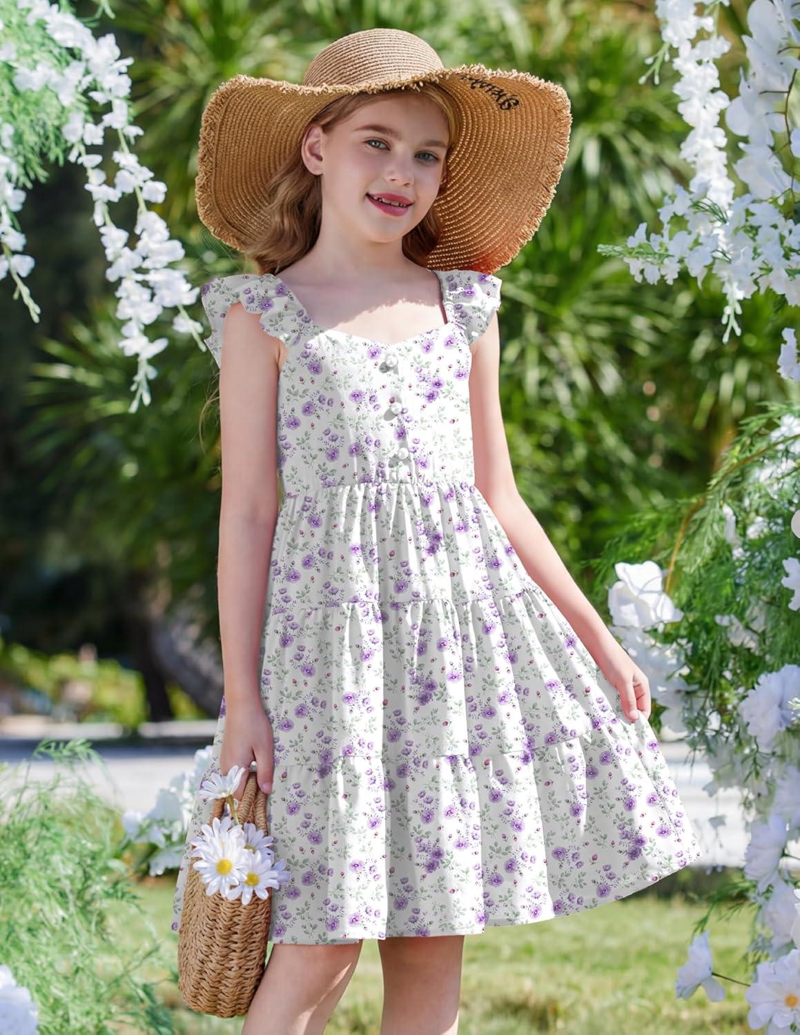 image:imageArshiner Girls Dress Ruffle Sleeve Button Down Smocked Sundress Party Dresses with Pockets 614YPurple Flower