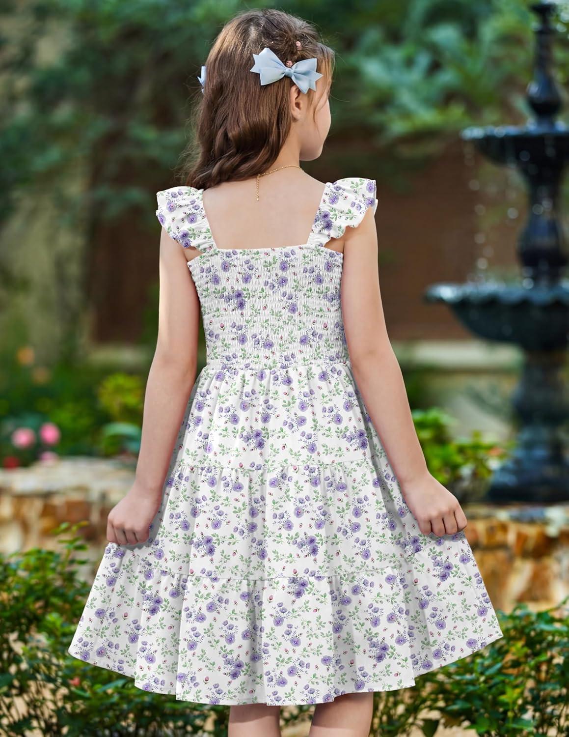 image:imageArshiner Girls Dress Ruffle Sleeve Button Down Smocked Sundress Party Dresses with Pockets 614YPurple Flower