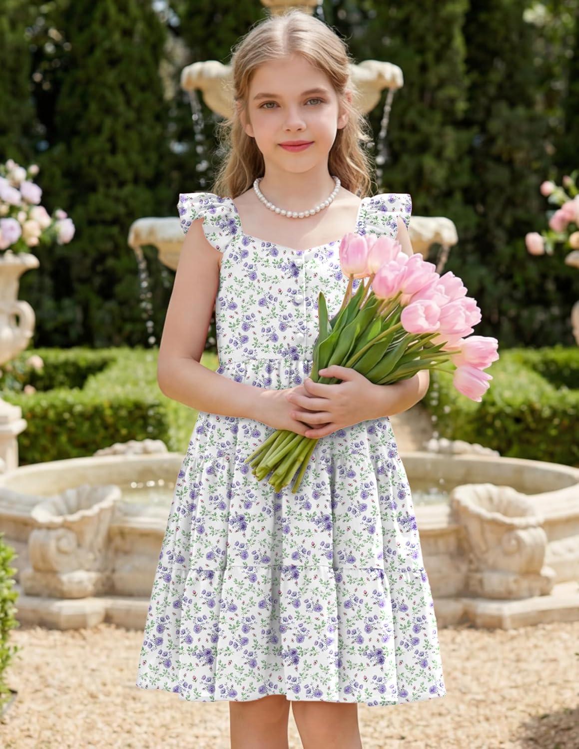 image:imageArshiner Girls Dress Ruffle Sleeve Button Down Smocked Sundress Party Dresses with Pockets 614YPurple Flower
