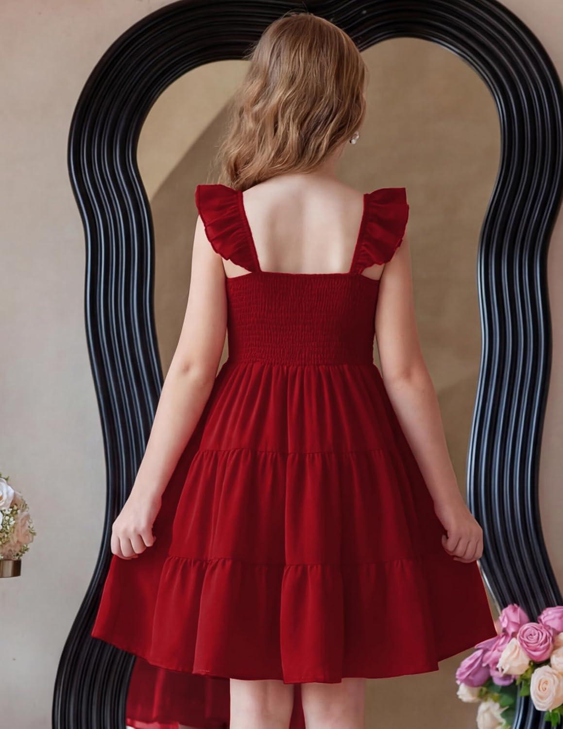image:imageArshiner Girls Dress Ruffle Sleeve Button Down Smocked Sundress Party Dresses with Pockets 614YRed