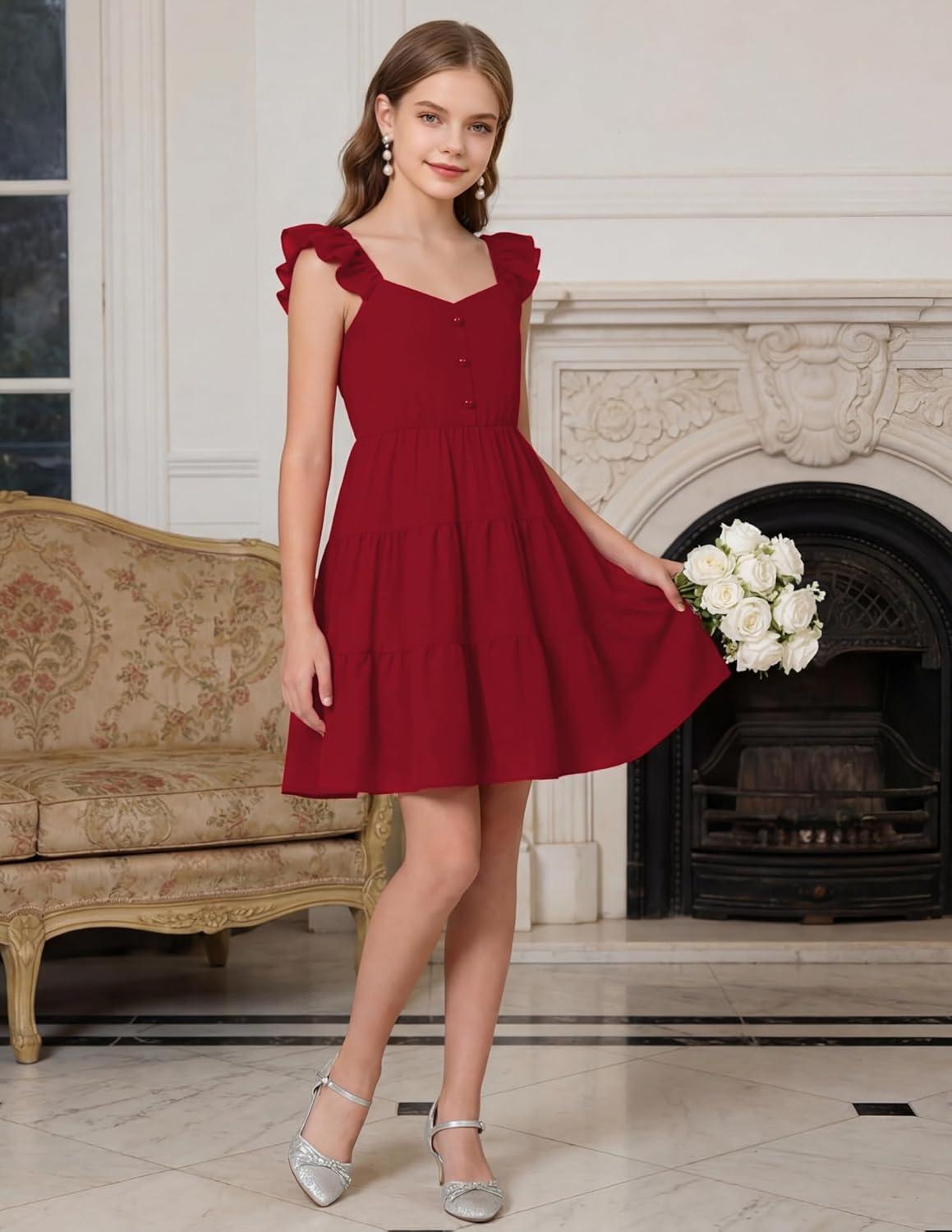 image:imageArshiner Girls Dress Ruffle Sleeve Button Down Smocked Sundress Party Dresses with Pockets 614YRed