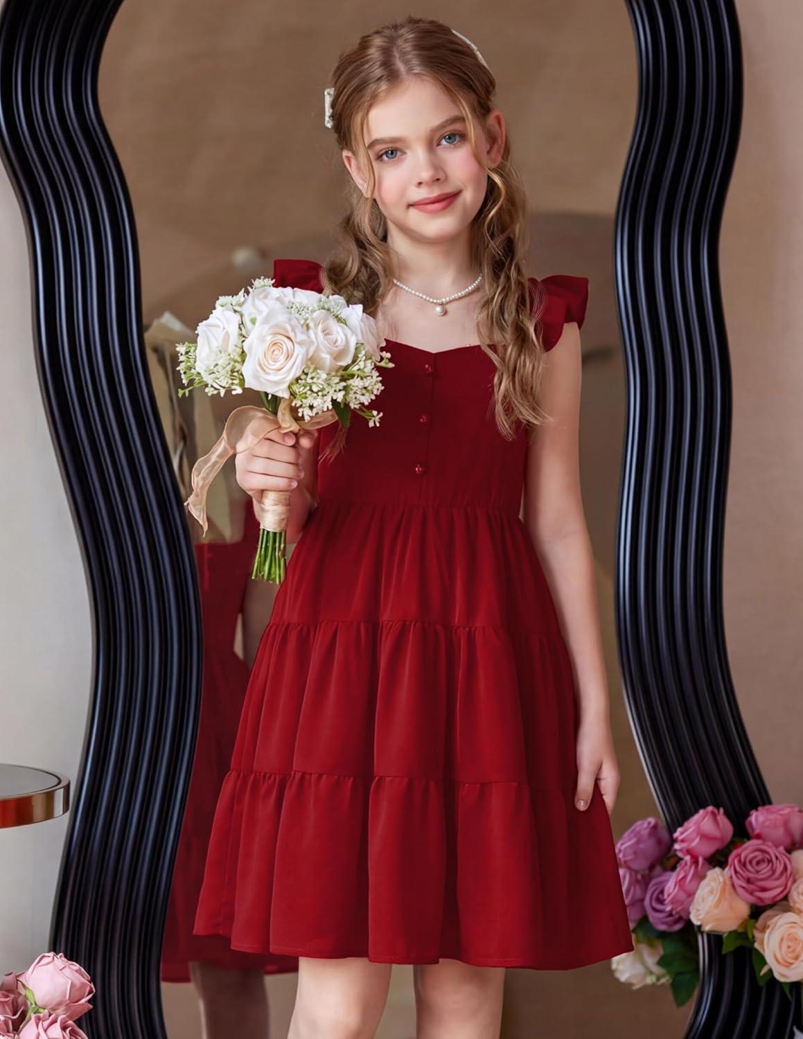image:imageArshiner Girls Dress Ruffle Sleeve Button Down Smocked Sundress Party Dresses with Pockets 614YRed