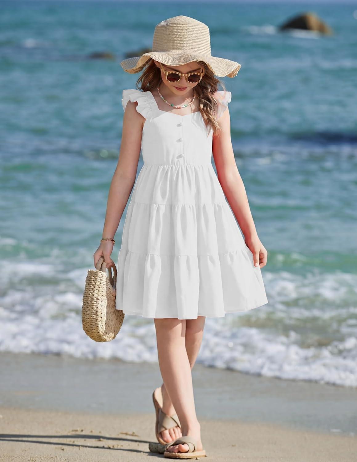 image:imageArshiner Girls Dress Ruffle Sleeve Button Down Smocked Sundress Party Dresses with Pockets 614YWhite