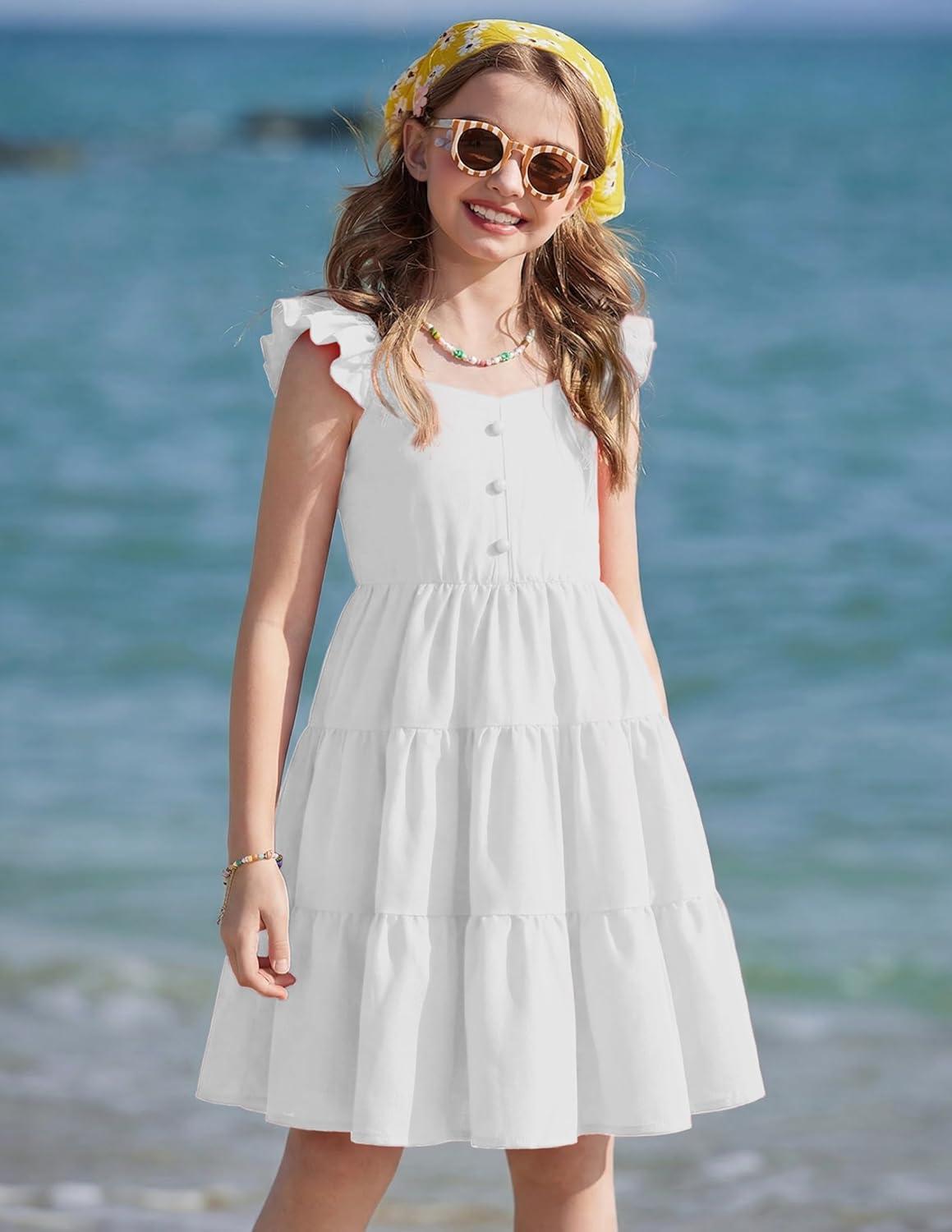 image:imageArshiner Girls Dress Ruffle Sleeve Button Down Smocked Sundress Party Dresses with Pockets 614YWhite