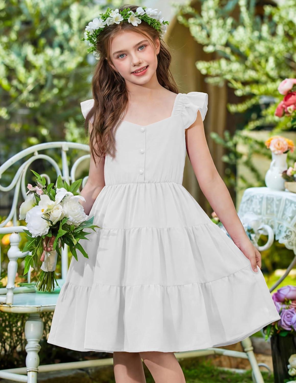 image:imageArshiner Girls Dress Ruffle Sleeve Button Down Smocked Sundress Party Dresses with Pockets 614YWhite