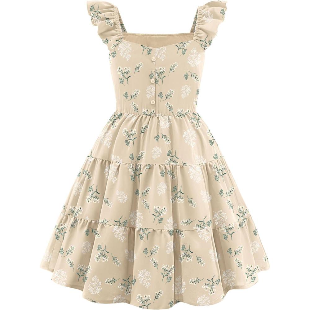 image:imageArshiner Girls Dress Ruffle Sleeve Button Down Smocked Sundress Party Dresses with Pockets 614YApricot White Flower