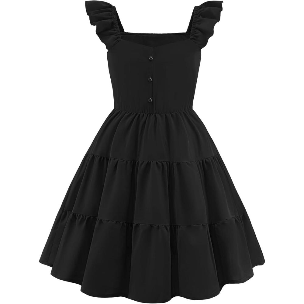 image:imageArshiner Girls Dress Ruffle Sleeve Button Down Smocked Sundress Party Dresses with Pockets 614YBlack