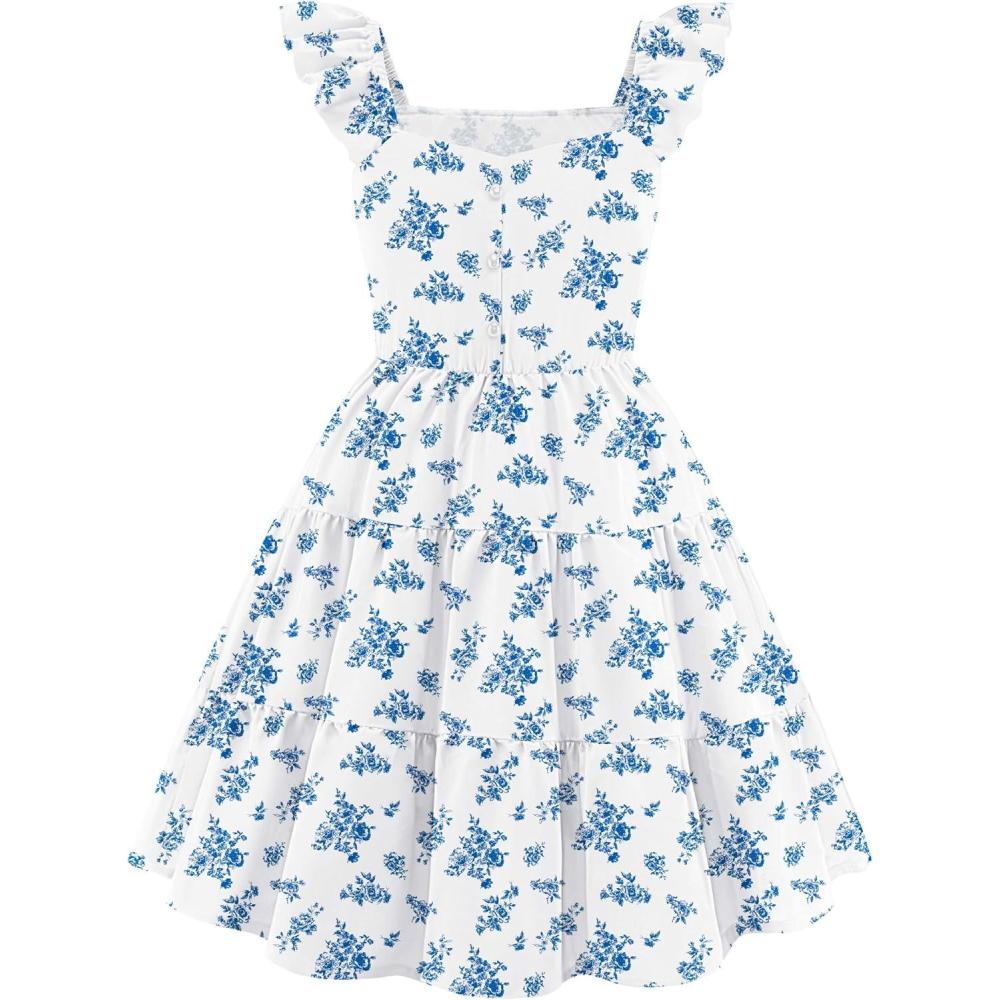 image:imageArshiner Girls Dress Ruffle Sleeve Button Down Smocked Sundress Party Dresses with Pockets 614YBlue Flower