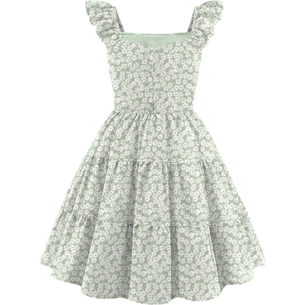 image:imageArshiner Girls Dress Ruffle Sleeve Button Down Smocked Sundress Party Dresses with Pockets 614YGreen White Flower
