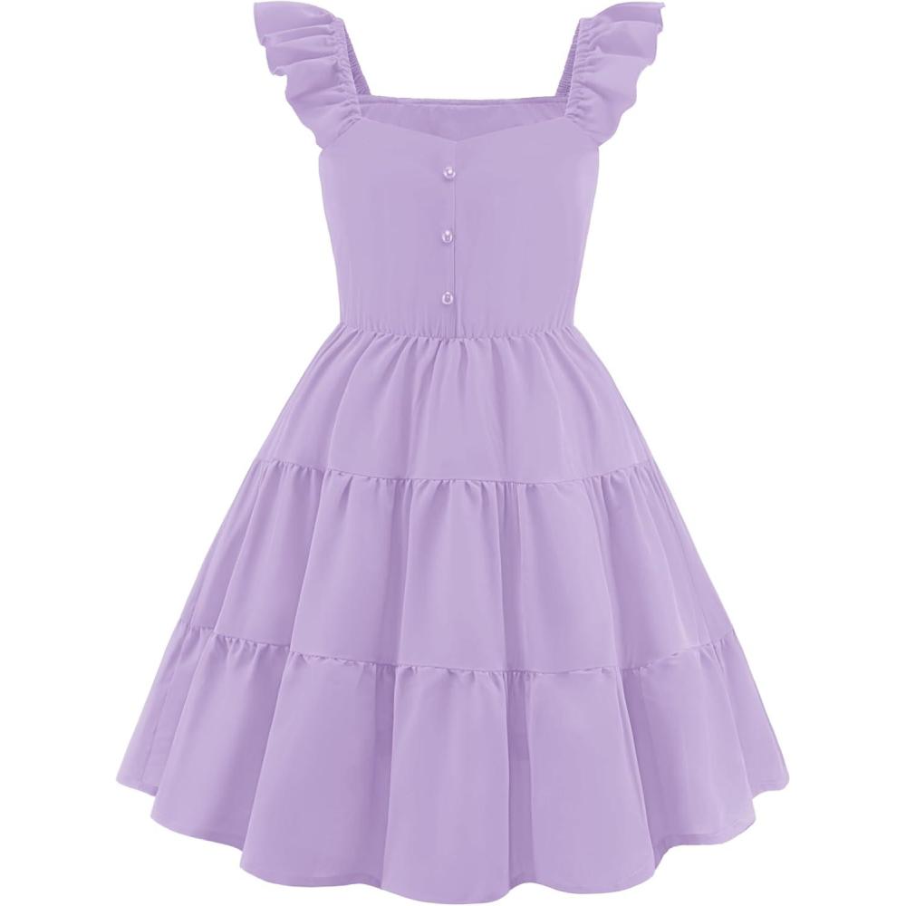 image:imageArshiner Girls Dress Ruffle Sleeve Button Down Smocked Sundress Party Dresses with Pockets 614YLavender