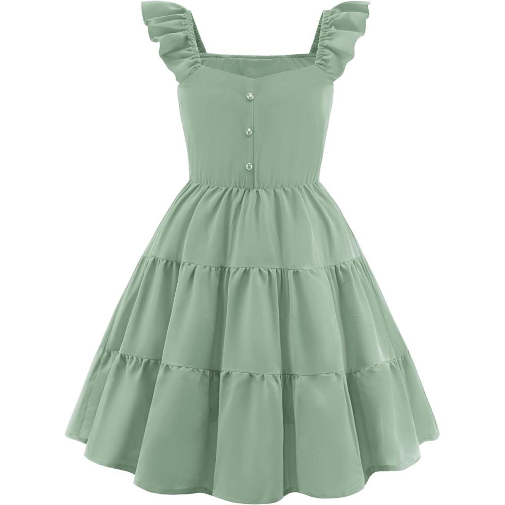 image:imageArshiner Girls Dress Ruffle Sleeve Button Down Smocked Sundress Party Dresses with Pockets 614YLight Green