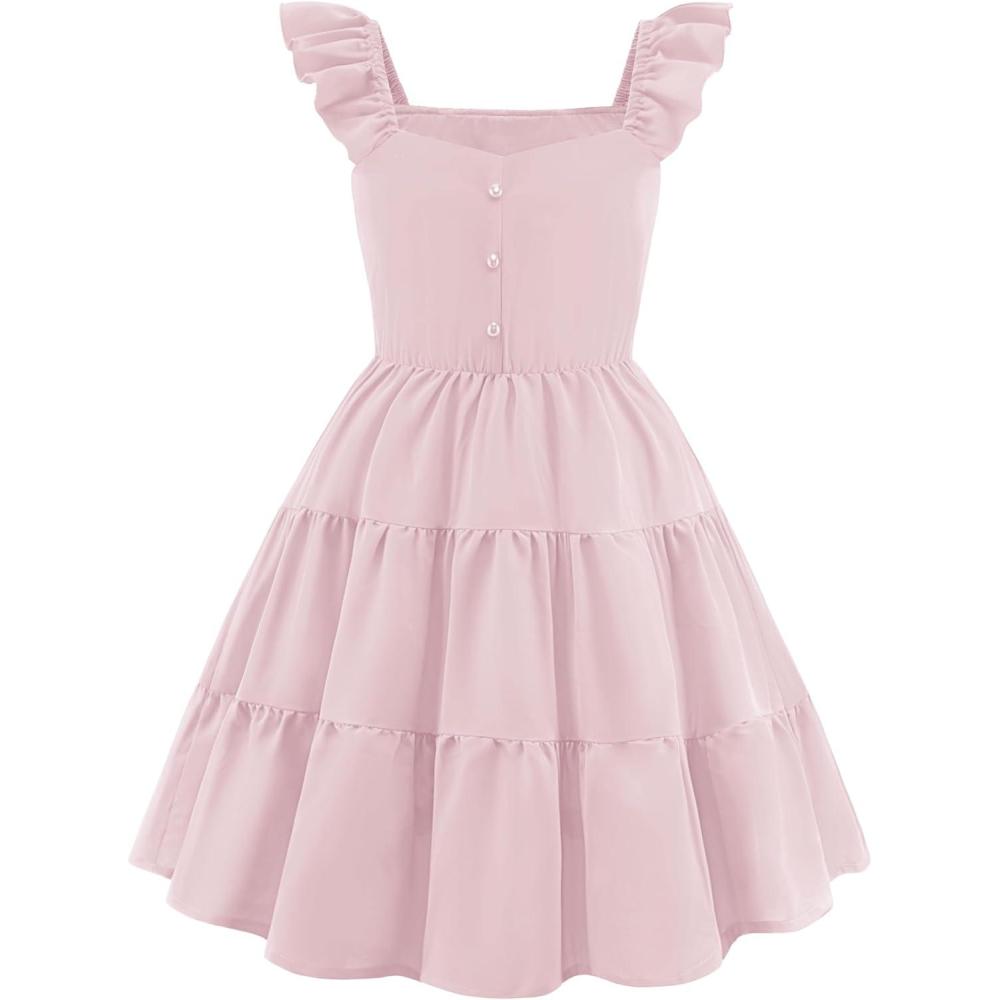 image:imageArshiner Girls Dress Ruffle Sleeve Button Down Smocked Sundress Party Dresses with Pockets 614YLight Pink