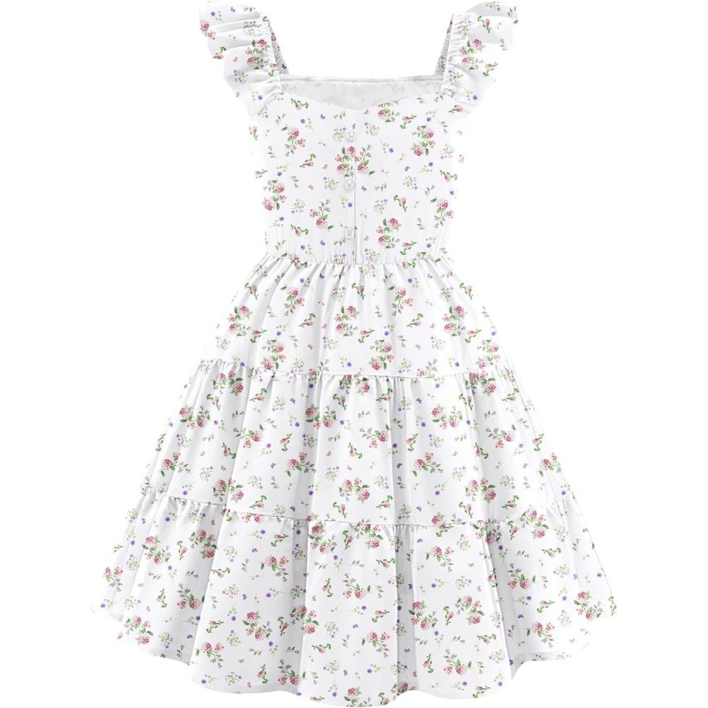 image:imageArshiner Girls Dress Ruffle Sleeve Button Down Smocked Sundress Party Dresses with Pockets 614YPink Purple Flower