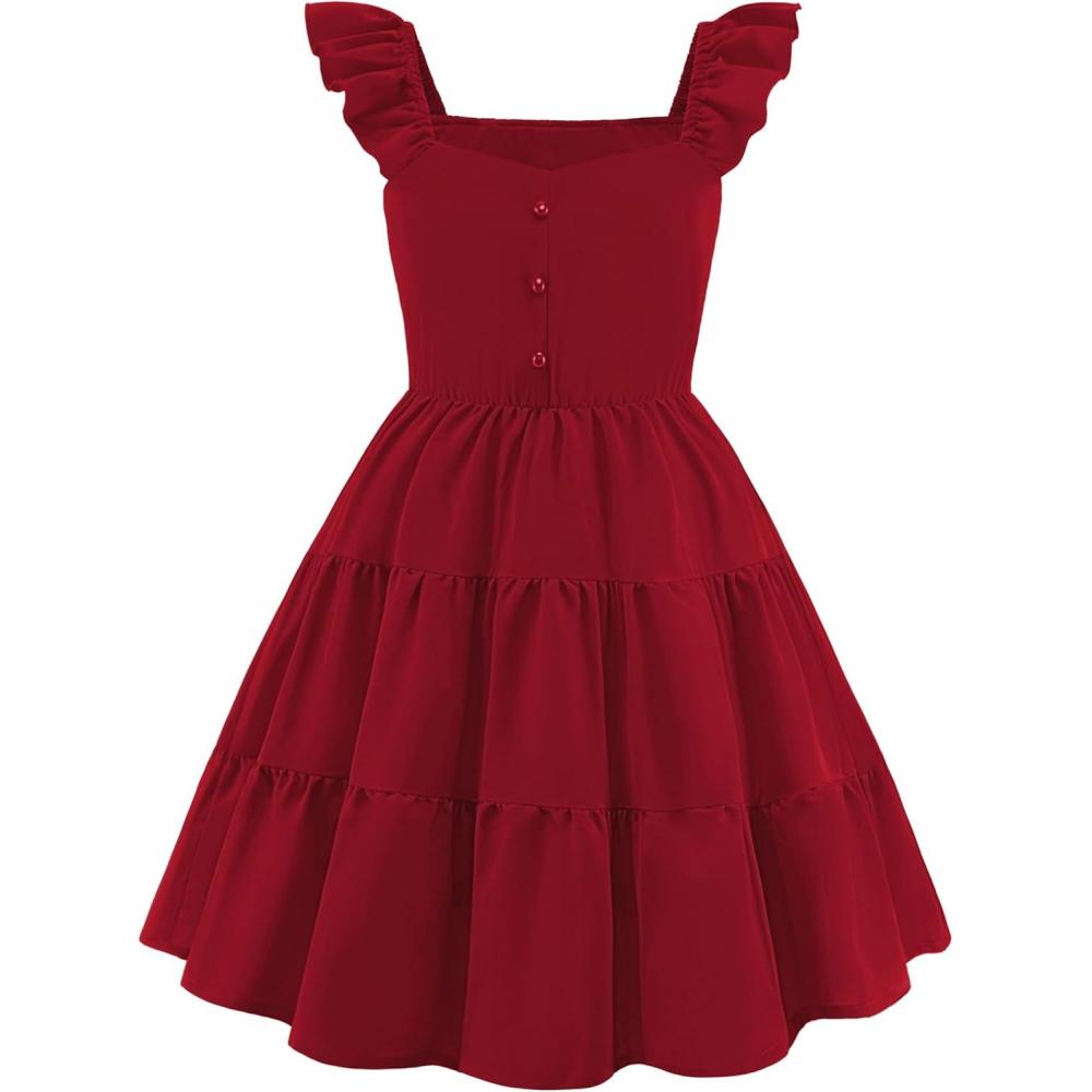 image:imageArshiner Girls Dress Ruffle Sleeve Button Down Smocked Sundress Party Dresses with Pockets 614YRed