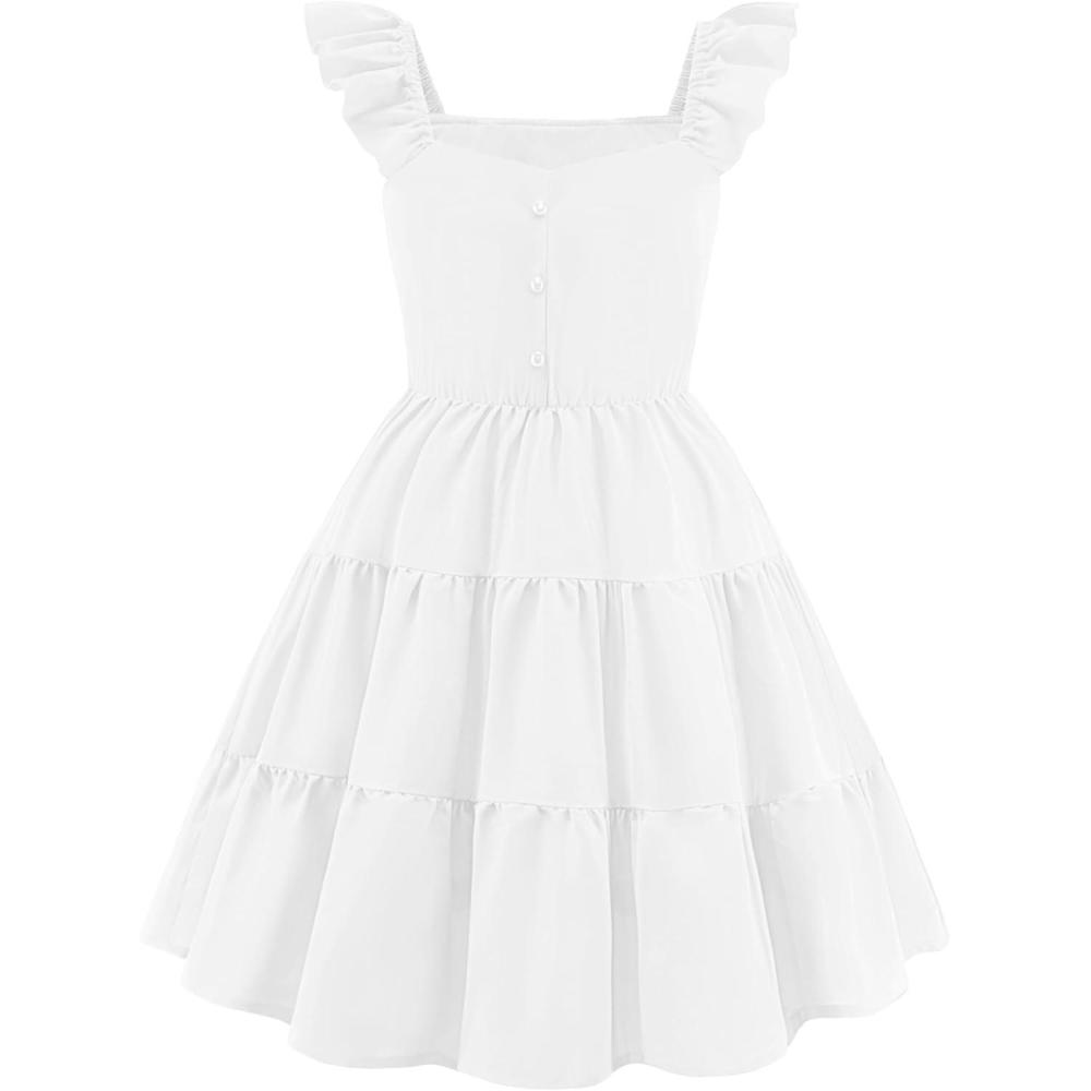 image:imageArshiner Girls Dress Ruffle Sleeve Button Down Smocked Sundress Party Dresses with Pockets 614YWhite