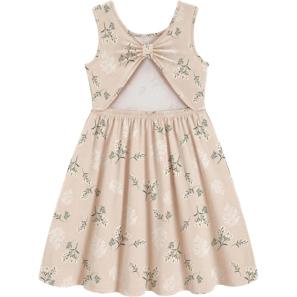 image:imageArshiner Toddler Girls Summer Dress Backless Sleeveless Cotton Casual Beach Party Sundress with PocketsBeige Floral