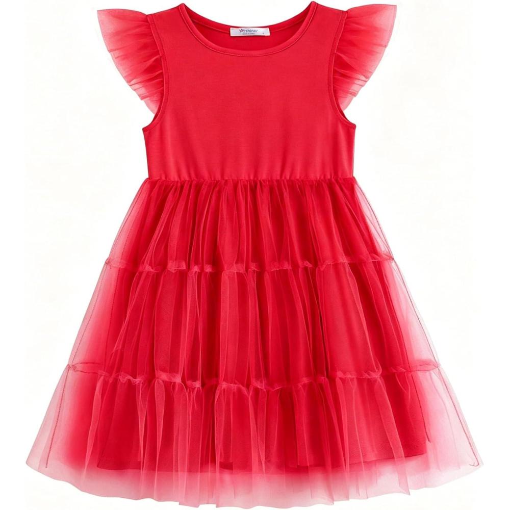 image:imageArshiner Toddler Tutu Dress Girls Tulle Dresses Ruffle Tiered Swing Twirly Summer SundressRed