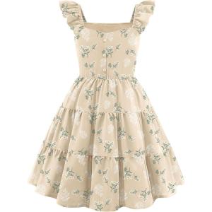Arshiner Girls Dress Ruffle Sleeve Button Down Smocked Sundress Party Dresses with Pockets 6-14Y(Apricot White Flower)