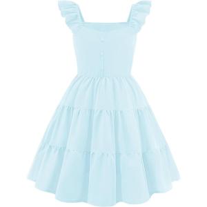 Arshiner Girls Dress Ruffle Sleeve Button Down Smocked Sundress Party Dresses with Pockets 6-14Y(Blue)