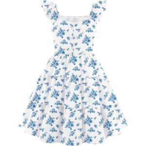 Arshiner Girls Dress Ruffle Sleeve Button Down Smocked Sundress Party Dresses with Pockets 6-14Y(Blue Flower)