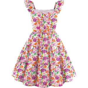 Arshiner Girls Dress Ruffle Sleeve Button Down Smocked Sundress Party Dresses with Pockets 6-14Y(Colorful Flower)