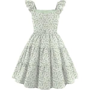 Arshiner Girls Dress Ruffle Sleeve Button Down Smocked Sundress Party Dresses with Pockets 6-14Y(Green White Flower)