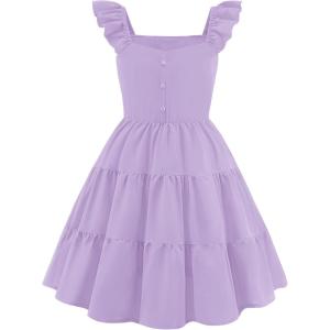 Arshiner Girls Dress Ruffle Sleeve Button Down Smocked Sundress Party Dresses with Pockets 6-14Y(Lavender)