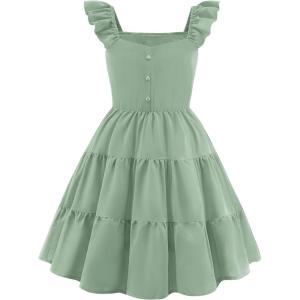 Arshiner Girls Dress Ruffle Sleeve Button Down Smocked Sundress Party Dresses with Pockets 6-14Y(Light Green)