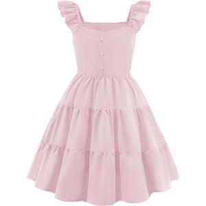 Arshiner Girls Dress Ruffle Sleeve Button Down Smocked Sundress Party Dresses with Pockets 6-14Y(Light Pink)